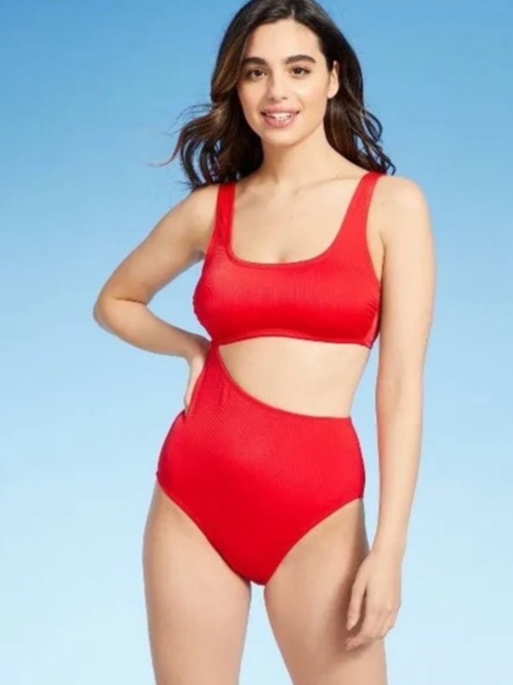 NWT Kona Sol | Textured Ribbed Side Cutout One-Piece Swimsuit in Lively Red